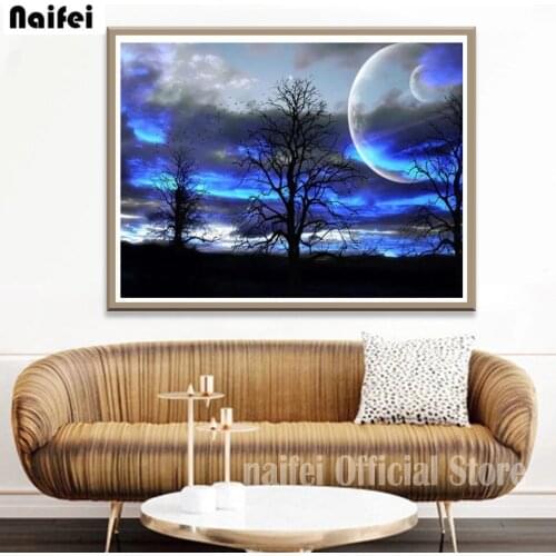 Blue And Black 5D DIY Diamond Painting Tree And Moon Landscape Embroidery Cross Stitch Rhinestone Needlework Mosaic Home Decor