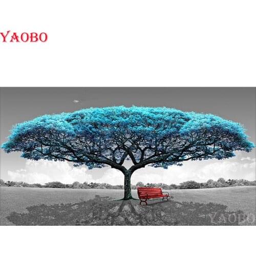Large 5D DIY Diamond Painting Blue Big Tree Red Chair Diamond Embroidery Rhinestones Full Square Round Drill Diamond Mosaic sale