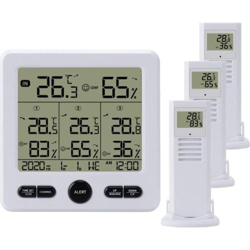 Wireless Weather Station Digital Thermometer Hygrometer Color Alert Alarm with 3 Wireless Transmitter