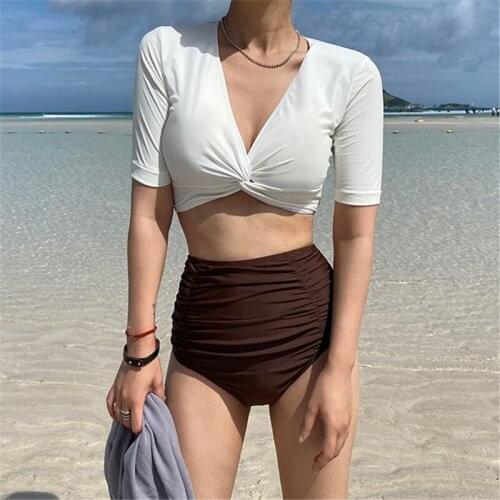 Korean Style High Waist Bikinis 2021 Women Padded Biquini Suit Two Pieces Ladies Swimwear Solid Swimsuit Bikini Set for Beach