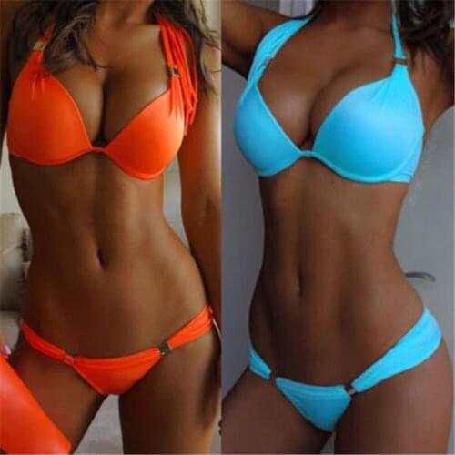 Women Solid Orange Blue BikiniSexy Push Up Swimsuit Brazilian Swimwear Female Thong Bathing Suit Beachwear Biquini