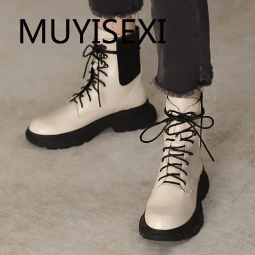 Preppy style 4cm med heels genuine leather round toe lace up stretch knitting thick bottom streetwear ankle boots LDI28 MUYISEXI