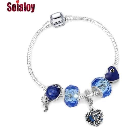 Seialoy Fashion Blue Heart Charm Bracelets For Women Men Original Crystal Star Moon Beaded Heart Dangle Bangles Birthday Gifts