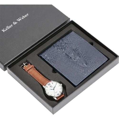 Men Quartz Watches Leather Band with Male Crocodile Pattern Wallet Simple Style New High Quality Clock Gift Set relogio