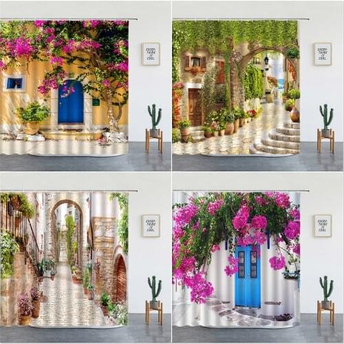 Flowers Scenery Waterproof Shower Curtains Rural Street Background Wall Decor Hanging Curtain Bathroom Toilet Partition Screens