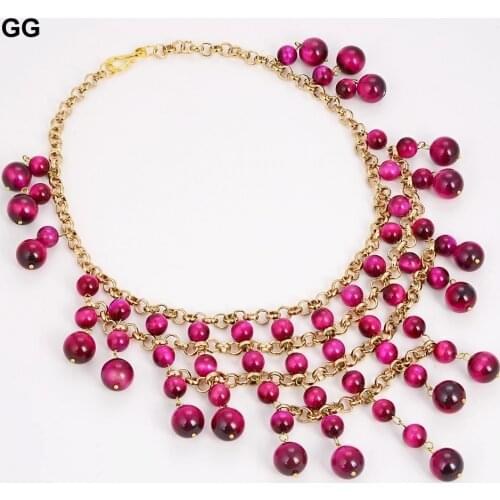 GG Jewelry 19" Natural Rose Red Tigers-eye Gems stone Gold Plated Chain Necklace