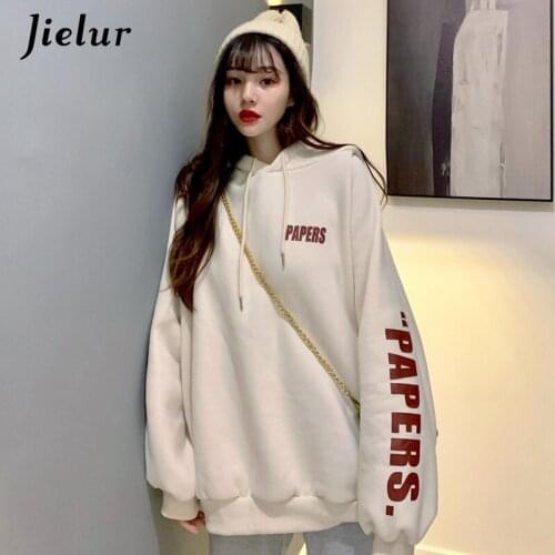 Jielur 2020 Letter Printed Women Hoodies Long Sleeve Warm Thin Autumn Apricot Pink Sweatshirt Hipster Female Hoody Pullover M-XL