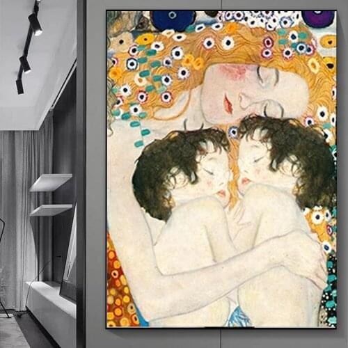 Famous Painting Mother Love Twins Baby By Gustav Klimt Canvas Painting Posters and Print Wall Art Picture Home Decoration