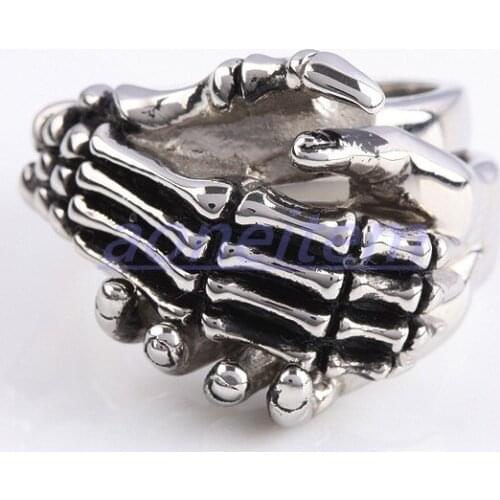 Gothic Style Stainless Steel Punk Skeleton Skulls Palm Hand Ring For Women Men Jewelry Hip Hop Accessories