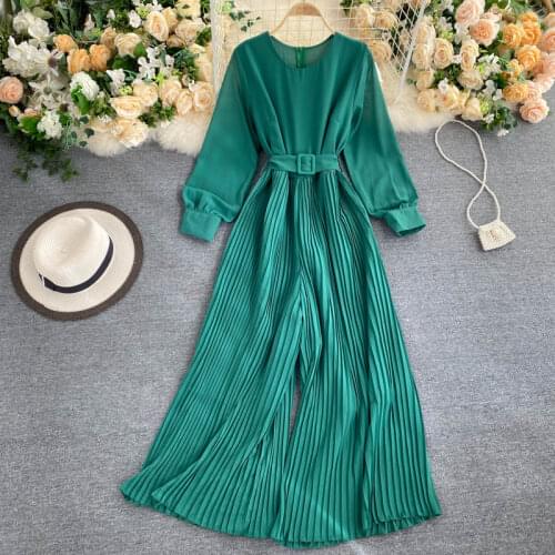 Womens Spring and Autumn Jumpsuit New Solid Color Round Neck Long-sleeved Pleated Wide-leg Pants Lace Up Thin Jumpsuit LL061