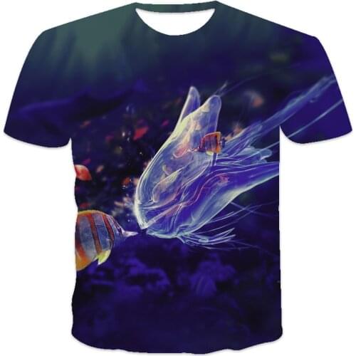 Summer new best-selling oversized loose mens T-shirt short-sleeved deep sea jellyfish print O-neck T-shirt