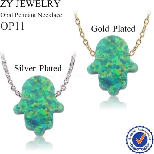 Hot Fashion OP11 Green Opal Hamsa Necklace 11*13mm Fatima Hand Fire Opal Stone Pendant Necklace Israel Jewish Jewelry For Gift