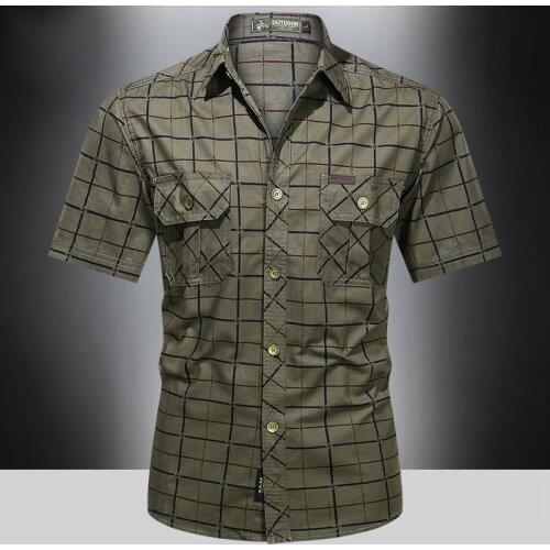 Fashion Men Battle Plaid Shirt Short Sleeve Bomber Military Shirts 100% Pure Cotton Casual Lapel Pocket Shirt Male Outdoor Sport