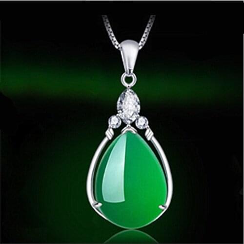Fashion Natural Green Jade Chalcedony Water Drop Pendant 925 Silver Necklace Carved Charm Jewelry Fashion Amulet Gifts for Women