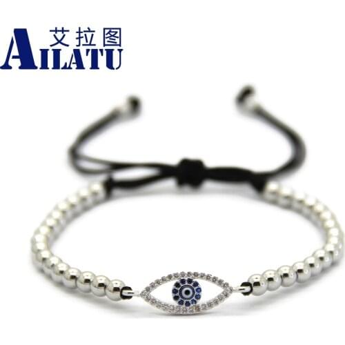 Ailatu Fashion CZ Turkish Blue Eye Bracelet 4mm Round Bronze Beads Trendy Braiding Macrame Jewelry