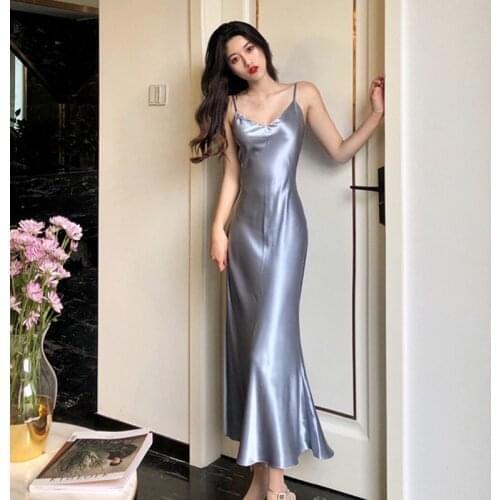 Champagne Night Gown Nighties Woman Long Maxi Party Club Dating Elegant Hang Out Nighty Dress Satin Silk Celebrating Cocktail