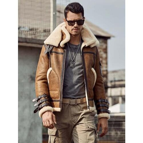 New Shearling Coat Mens B3 Bomber Jacket Short Fur Coat Natural Leather Jacket Fashion Motorcycle Jacket Mens Winter Coats