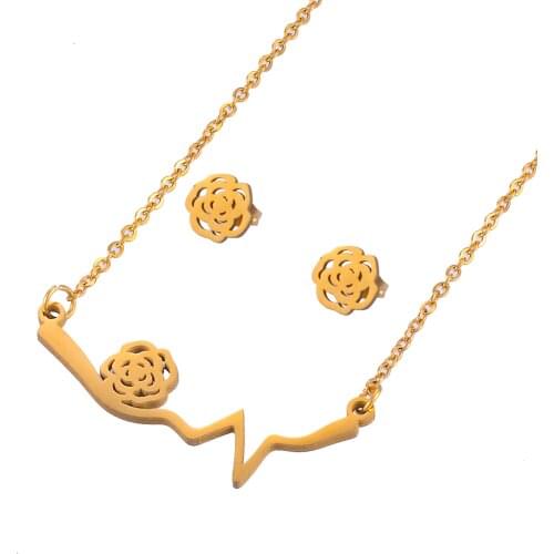 Stainless Steel New Pendant Earrings Necklace Gold Color Flower Pattern Ladies Accessories