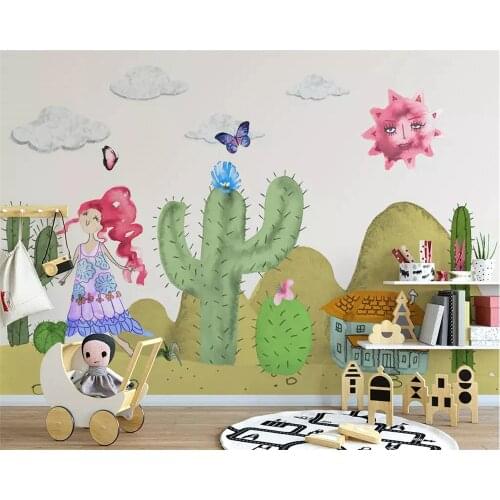 Beibehang Custom wallpaper Nordic cartoon hand-painted plant cactus wallpaper childrens room background wall mural 3d wallpaper