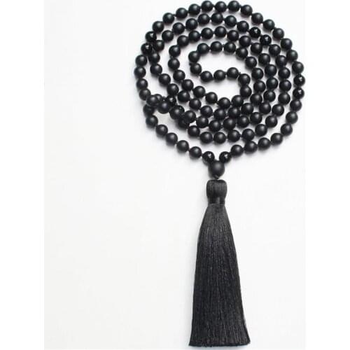 8mm Black Onyx Gemstone 108 Beads Handmade Tassel Necklace Meditation Japa Religious Spirituality Wristband Buddhism Retro