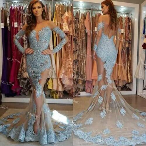 Sexy See Through Lace Evening Dress 2021 Elegant Long Sleeve Mermaid Prom Gowns Backless Sweep Train Graduation Party Dress