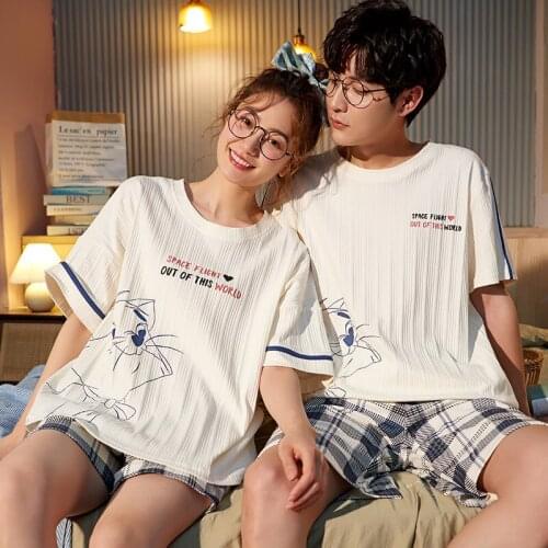 Womens Pajamas Cotton Cute Cartoon Print Short-sleeved Tops Trousers Sleepwear Set Lovers Homewear Suit Summer Korean Fashion