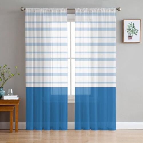 Blue Geometric Lines Tulle Curtains for Living Room Decoration Modern Chiffon Sheer Voile Kitchen Curtain