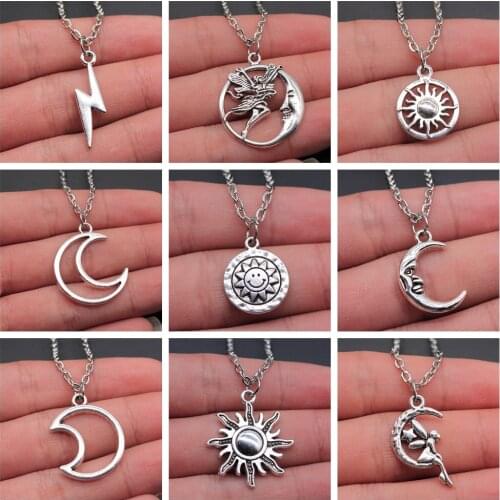Vintage Fashion Jewelry Necklace Pendant Sun & Moon Necklace For Women Girls Gift Antique Silver Color