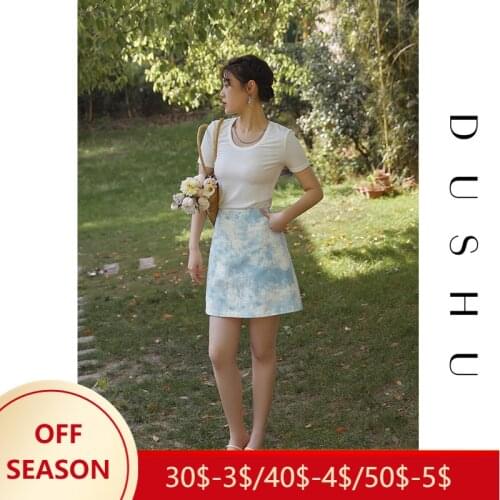 DUSHU Office Lady Fresh Watercolor Tie-dye Skirt 2021 Summer New High-waist Blue A-line Group Skirt For Women Clothes