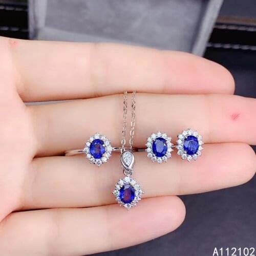 KJJEAXCMY fine Jewelry 925 sterling silver inlaid natural sapphire elegant pendant ring earring set support test Chinese style