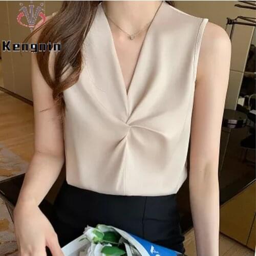 Sleeveless Satin Womens Shirts 2021 Summer Pleated Sexy V-Neck Lady Tops Korean Fashion Chiffon Woman Blouse OL Blasue KE1471