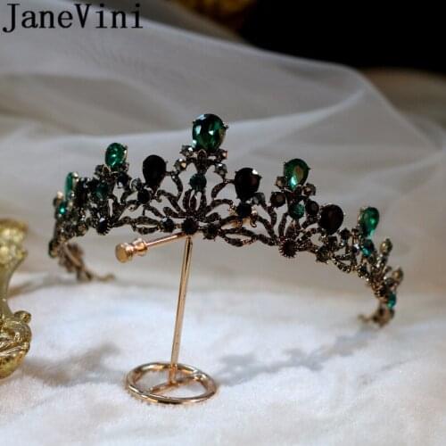 JaneVini Gothic Classic Bridal Tiaras and Crowns Hair Jewelry Green Crystal Beaded Metal Women Headband 2020 Wedding Hairbands