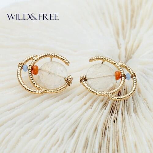 Women Trendy Round Natural Stone Stud Earrings Vintage Zinc Alloy Gold Color Stone Beads Open Stud Earrings Jewelry Gift