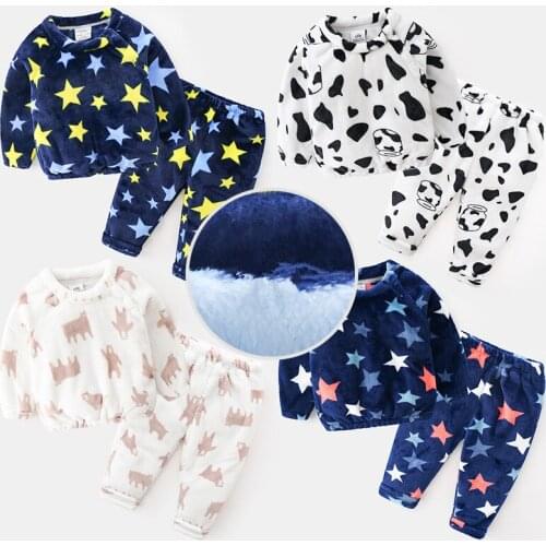2020 Winter Warm 2-10 Years Plus Velvet Thickening Sleepwear Suit 2Pcs Tops+Pants For Kids Baby Boys Cartoon Star Pajamas Sets