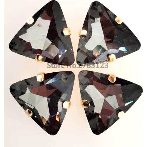 Free shipping Gold bottom Gray Triangle crystal glass sew on stones, faltback loose rhinestones 18mm 20pcs/bag