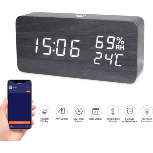 BT LED Digital Wooden Alarm Clock APP Control Time Thermometer Humidity Date Electronic Desktop Clocks Sound Control USB Charge