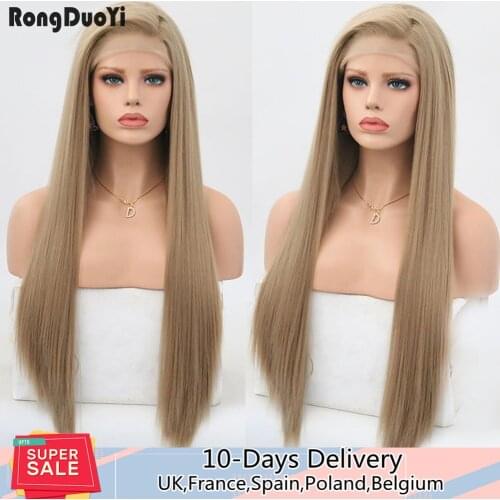RONGDUOYI Long Silky Straight Wig Synthetic Lace Front Wigs for Women Ash Blonde Wig High Temperature Fiber Cosplay Lace Wigs