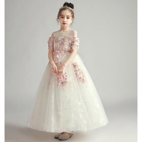 Flower Girl Dress Illusion O-Neck Appliques Crystal Embroidery Pearls Princess Off The Shoulder Tulle Lace Kids Party Gown H385