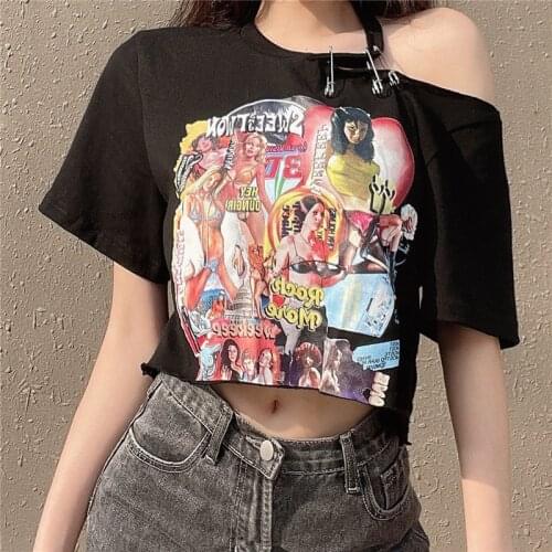 Gothic Graphic Crop Top T Shirts Women 90s 2000s Sexy Shoulder Cut Out Tshirts Female Punk Style Clohtes Korean Tee T Shirt 2021