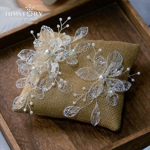 HIMSTORY White Flower Bridal Hairpins Handmade Pearl Floral Barrettes Wedding Hair Diadem Princess Head Girps Party Accessories