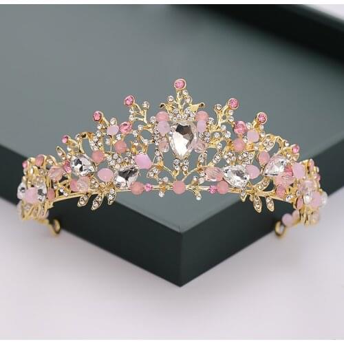 Princess Bride Crown Gold Hair Jewelry Pink Crystal Wedding Hairwear Leaf shape Headdress Hair Accessories Earrings Set