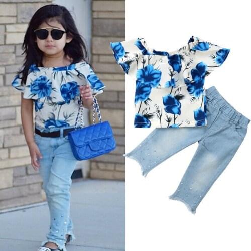 Summer Toddler Kids Baby Girl Ruffle Floral Tops T-shirt Denim Pants Trouser Jeans Clothes 2Pcs Girls Outfits Set 1-5Y Set