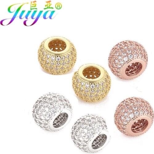 Juya DIY Metal Beads Supplies Mirco Pave Zircon Large Hole Round Charm Beads Fit Women Handmade Beadwork Charms Jewelry Making