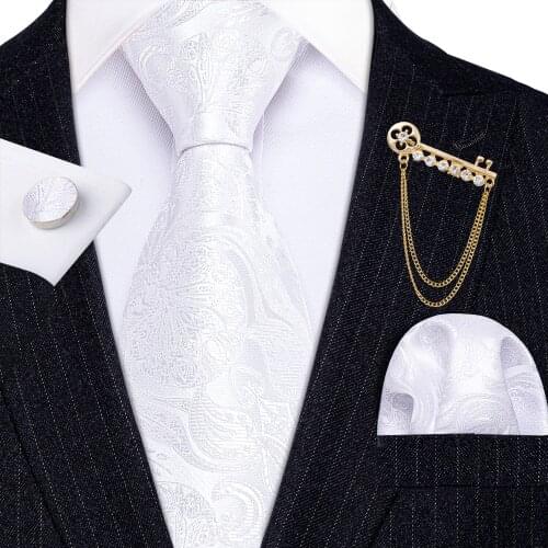 Fashion Designer White Paisley Floral Men Tie Gold Brooches Silk Tie Handkerchief Set Neck Tie For Men Gift Business Barry.Wang