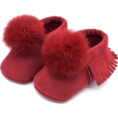 New Baby Fur Ball Style Fashion Suede Pu Leather Baby Moccasins Shoes Boys Girls Shoes First Walkers Soft Sole