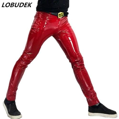 Men Shinny PU Leather Pants Red Tight Stretch Motorcycle Trousers Nightclub Bar Male Hip Hop Rock Singer Dancer Slim Fit Pants