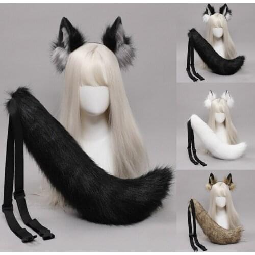 Lolita Headbands Furry Wolf Ears Headwear Animal Tail Set Hair Hoop for Halloween Cosplay Headpiece Party Supplies