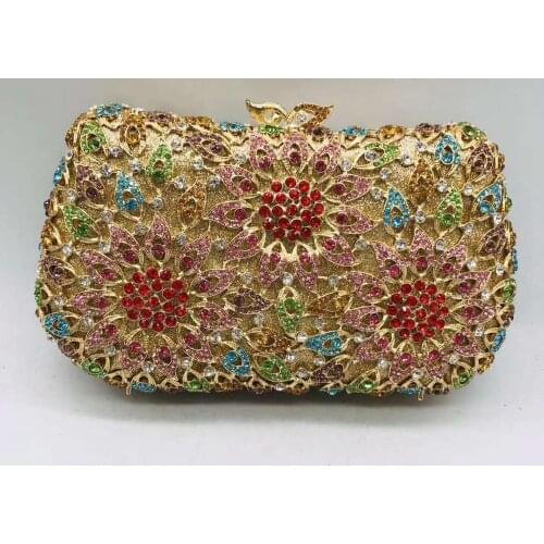 Dazzling Women Gold Flower Crystal Evening Metal Clutches Luxury Bag for Wedding&Party Women Bags Handbags Wedding Bridal Purse