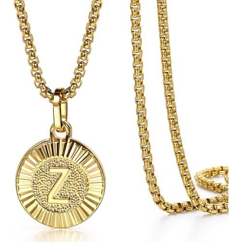 New Fashion Gold Color Initial Letter Round Pendant 2mm Box Stainless Steel Chain Necklace Party Gift Jewelry 18inch DGP418
