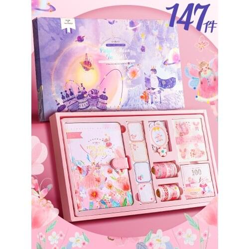 Fairy Tale Notebook with Stickers Tape Hand Book Set Gift Box Pink Purple Girl Diary Student School Stationery Christmas Present